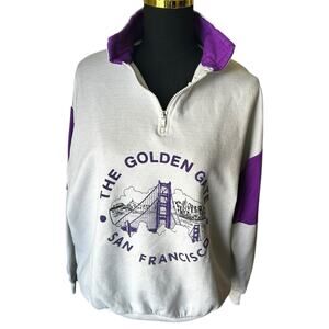 Vintage 1980s San Francisco Half Zip Sweatshirt White/Purple Unisex L/XL